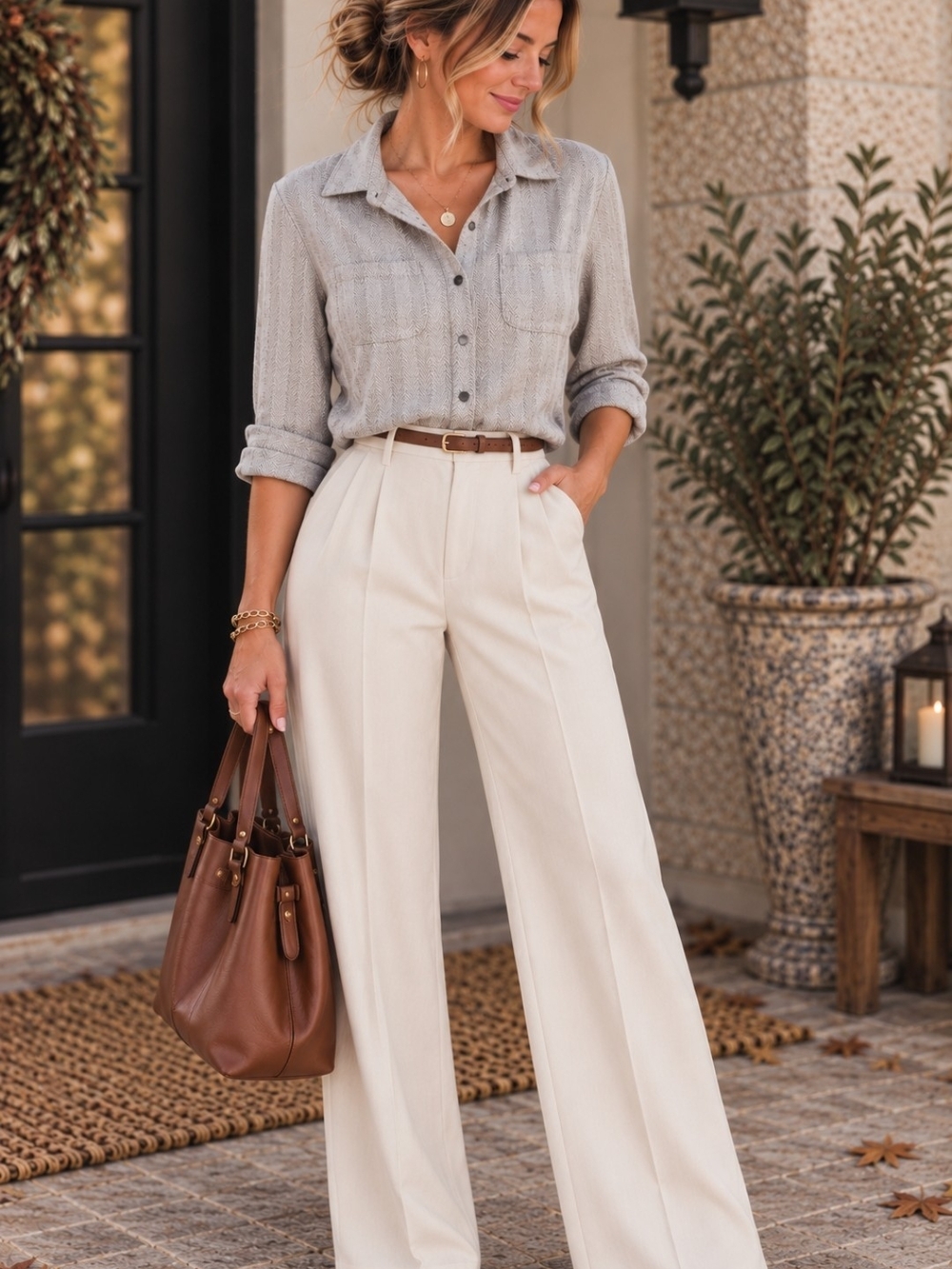 Cable & Gauge Taupe Herringbone Button Shirt Soft Knit M Pockets